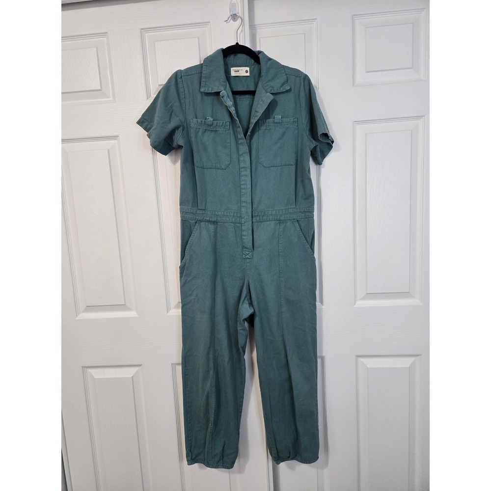 Back Beat Co. Organic Cotton Utility Jumpsuit Teal Green Short Sleeve Small